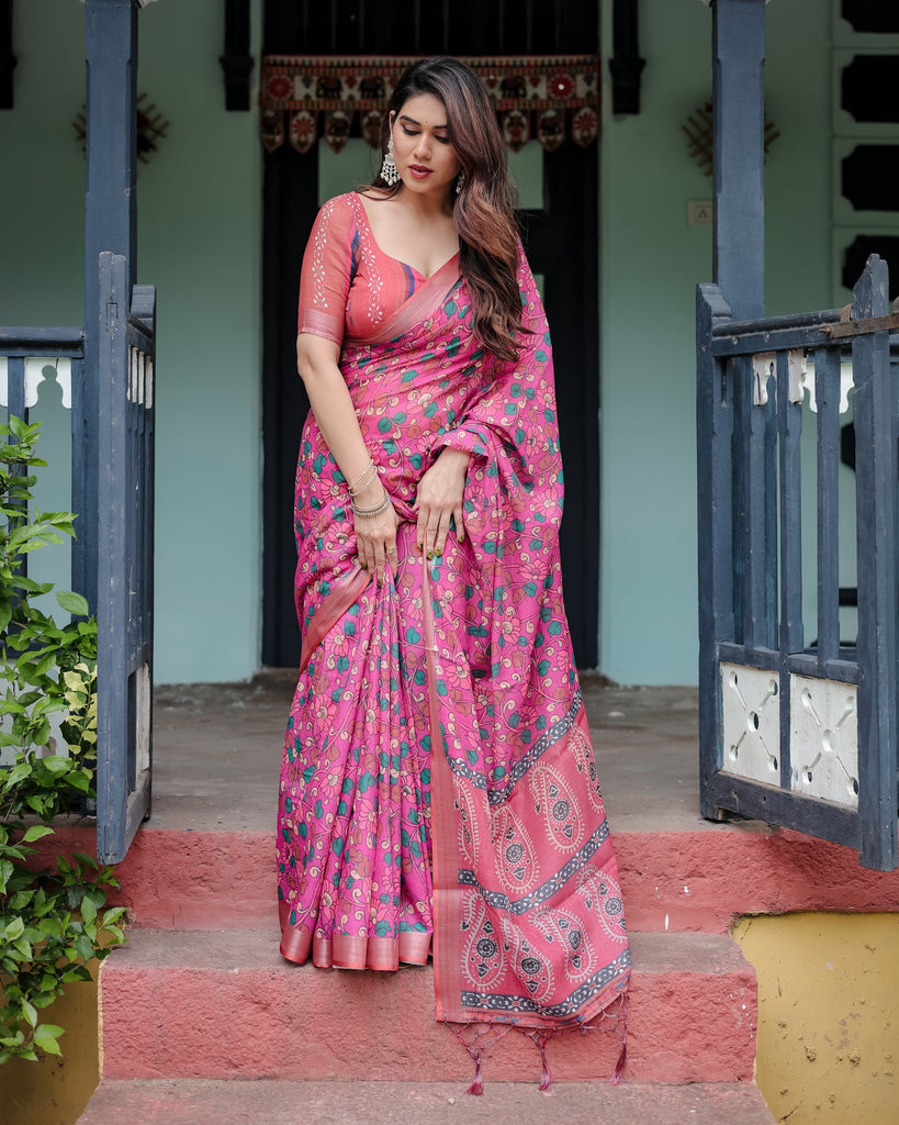 Magenta and Pink Pure Cotton Linen Saree with Floral and Paisley Block Print, Blouse, and Tassel Detailing LINEN