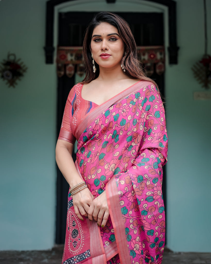 Magenta and Pink Pure Cotton Linen Saree with Floral and Paisley Block Print, Blouse, and Tassel Detailing LINEN