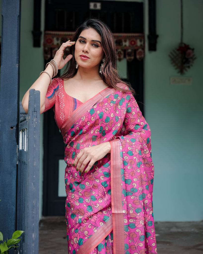 Magenta and Pink Pure Cotton Linen Saree with Floral and Paisley Block Print, Blouse, and Tassel Detailing LINEN