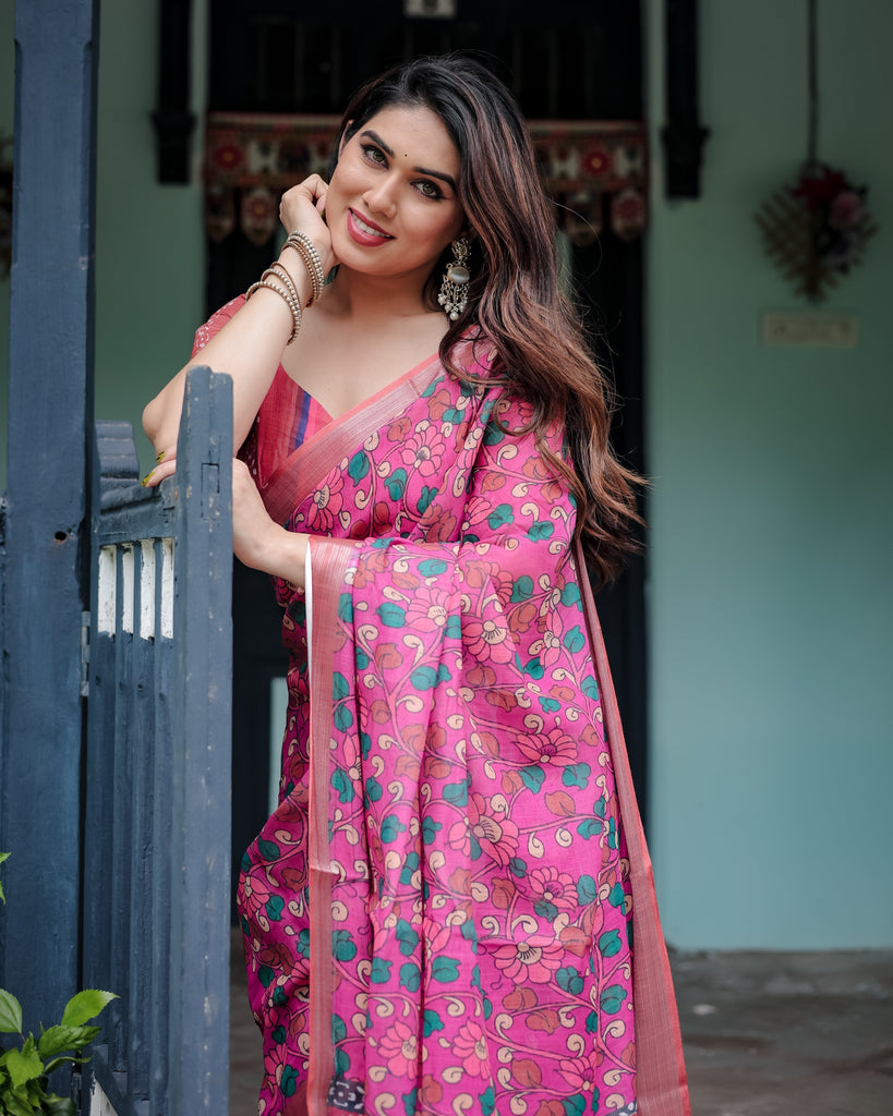 Magenta and Pink Pure Cotton Linen Saree with Floral and Paisley Block Print, Blouse, and Tassel Detailing LINEN