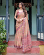 Load image into Gallery viewer, Beige and Rust Pure Cotton Linen Saree with Tribal Block Print, Blouse, and Tassel Detailing LINEN