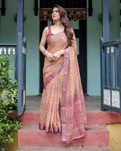 Beige and Rust Pure Cotton Linen Saree with Tribal Block Print, Blouse, and Tassel Detailing LINEN
