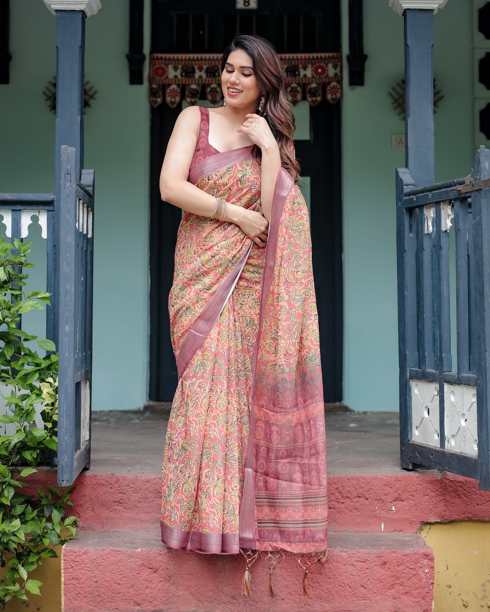 Beige and Rust Pure Cotton Linen Saree with Tribal Block Print, Blouse, and Tassel Detailing LINEN