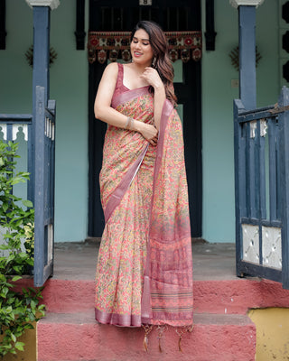 Beige and Rust Pure Cotton Linen Saree with Tribal Block Print, Blouse, and Tassel Detailing LINEN