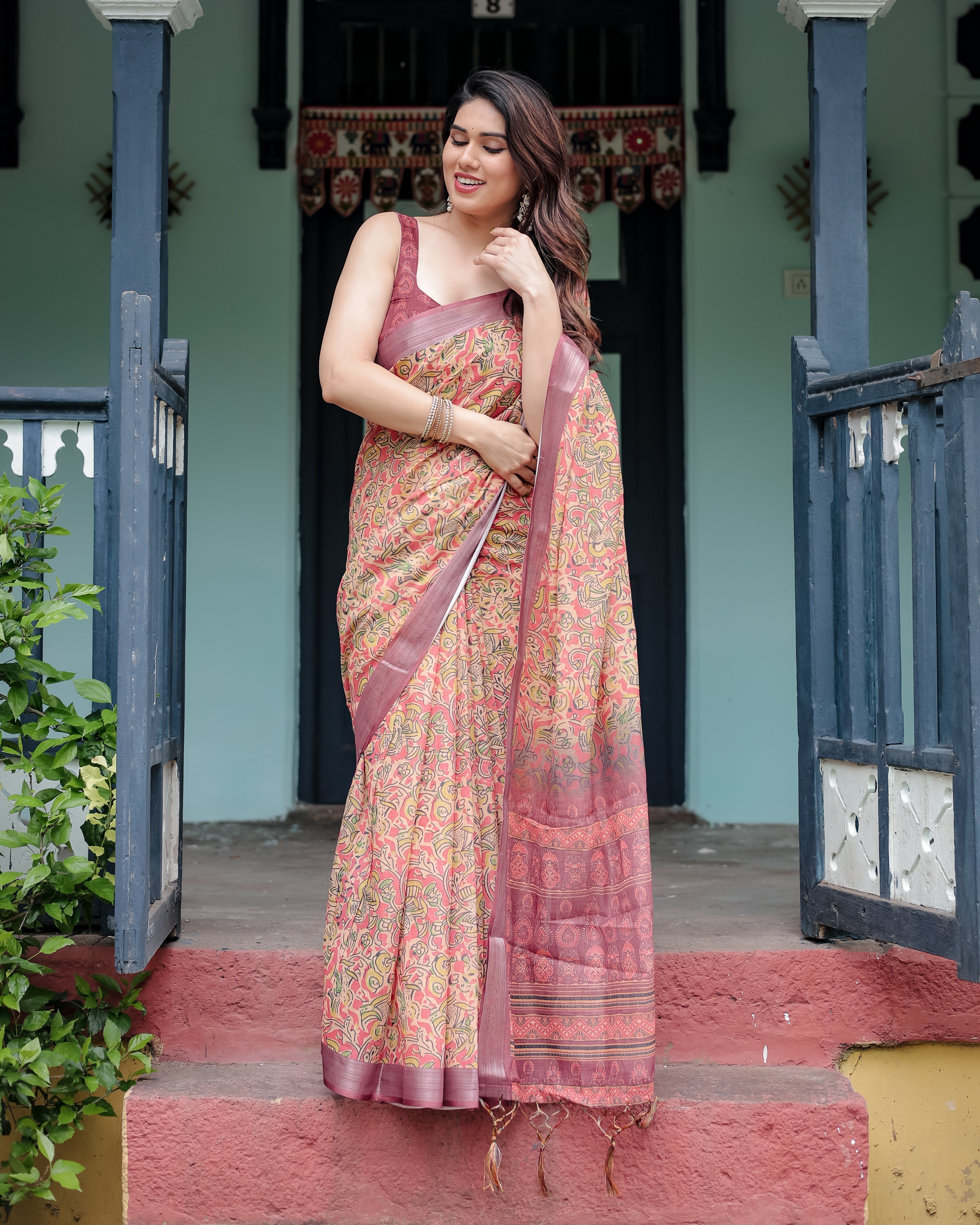Beige and Rust Pure Cotton Linen Saree with Tribal Block Print, Blouse, and Tassel Detailing LINEN