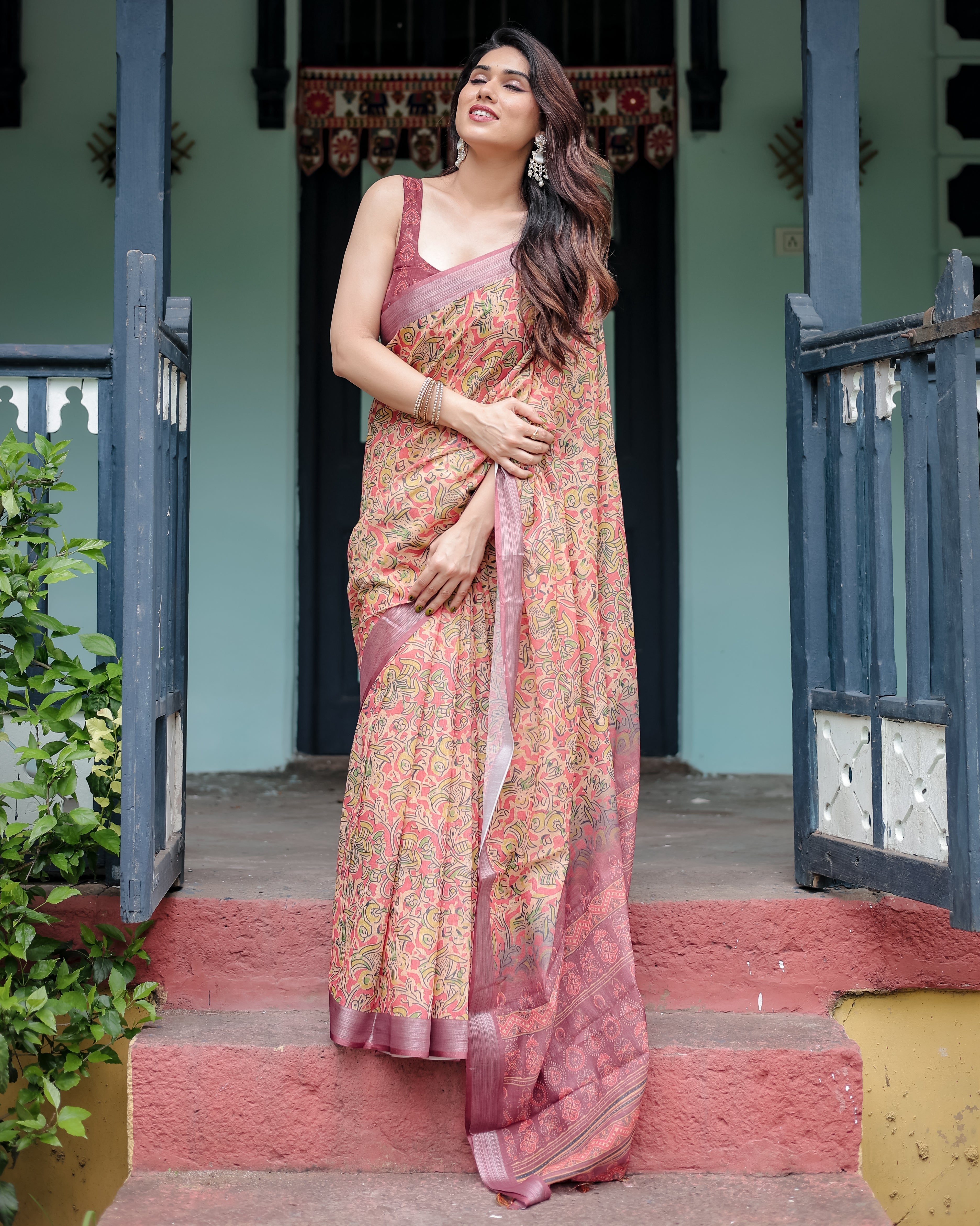 Beige and Rust Pure Cotton Linen Saree with Tribal Block Print, Blouse, and Tassel Detailing LINEN Main image