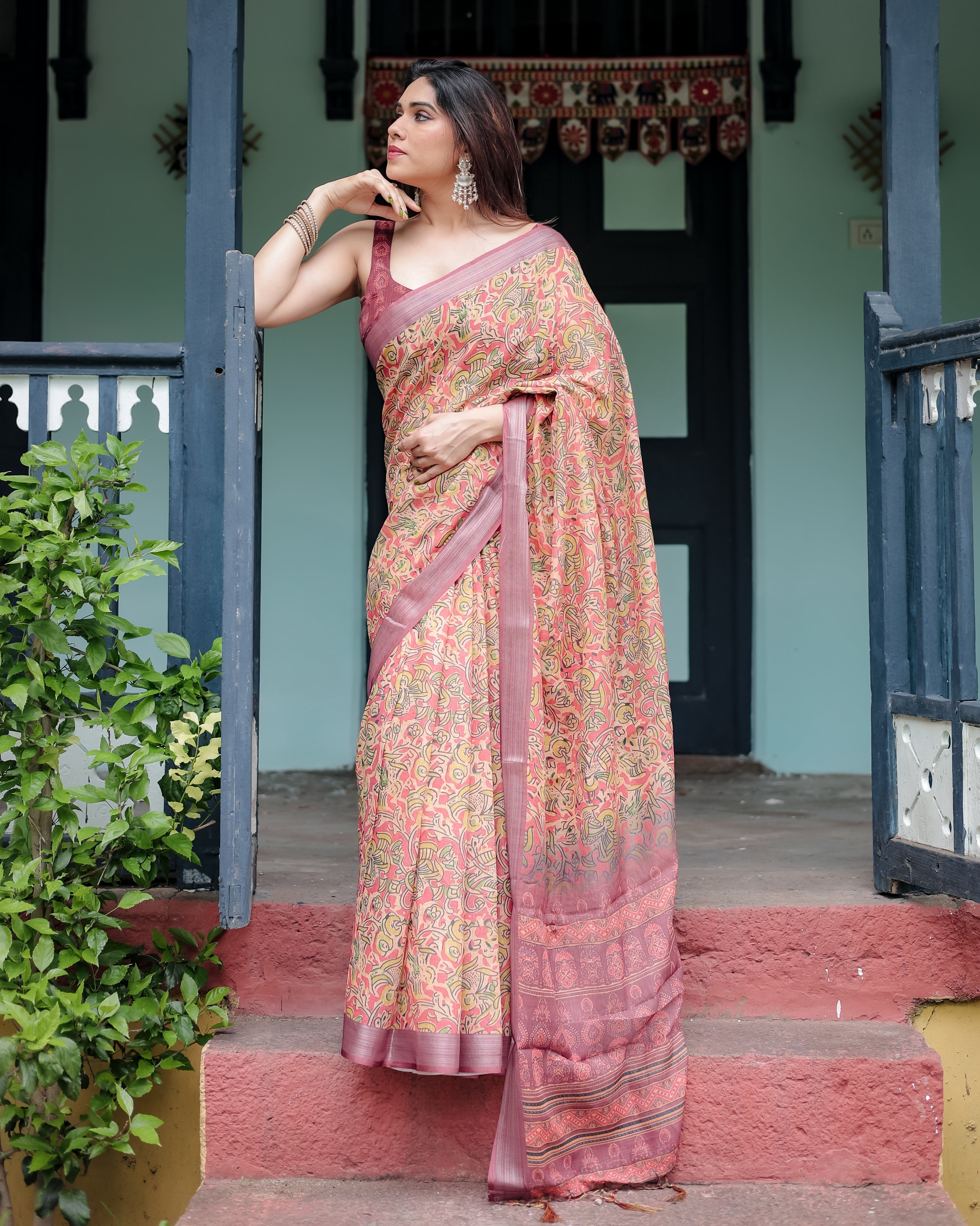 Beige and Rust Pure Cotton Linen Saree with Tribal Block Print, Blouse, and Tassel Detailing LINEN