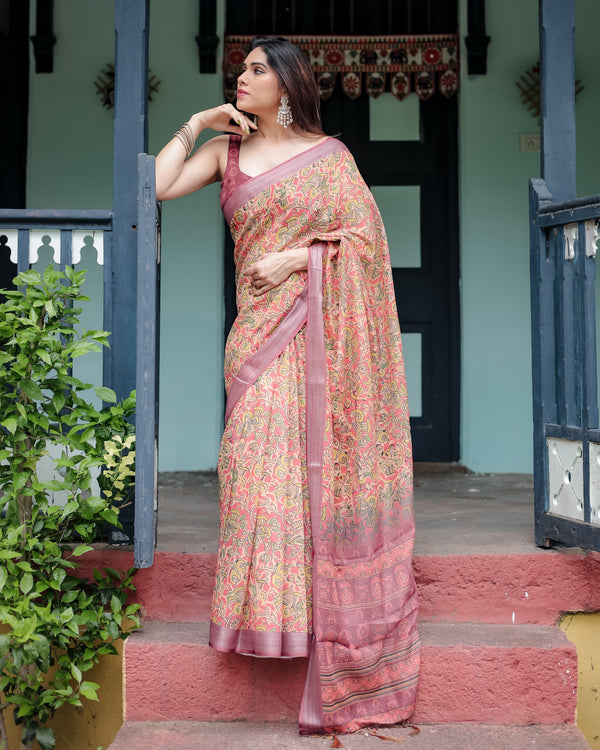 Beige and Rust Pure Cotton Linen Saree with Tribal Block Print, Blouse, and Tassel Detailing LINEN