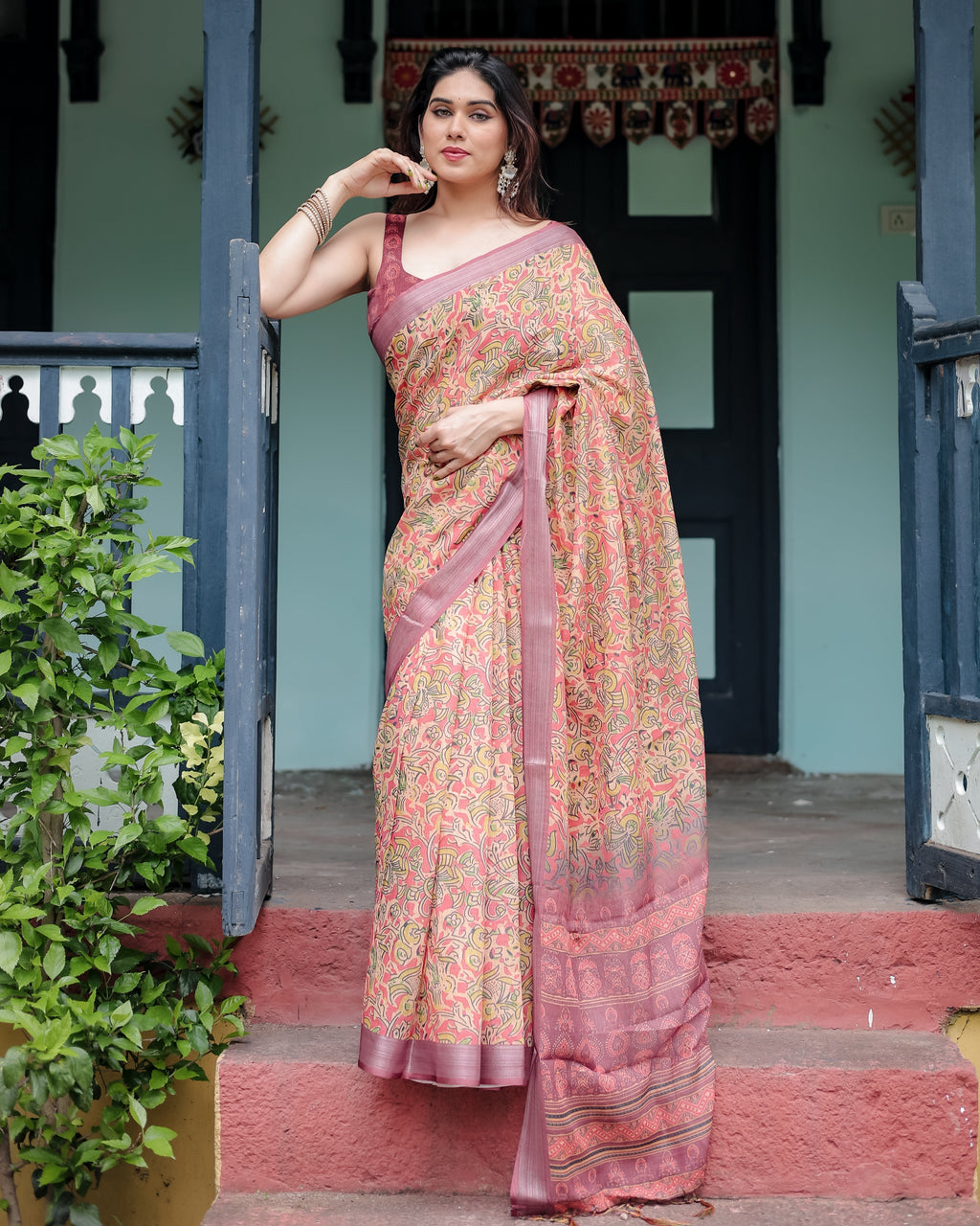 Beige and Rust Pure Cotton Linen Saree with Tribal Block Print, Blouse, and Tassel Detailing LINEN