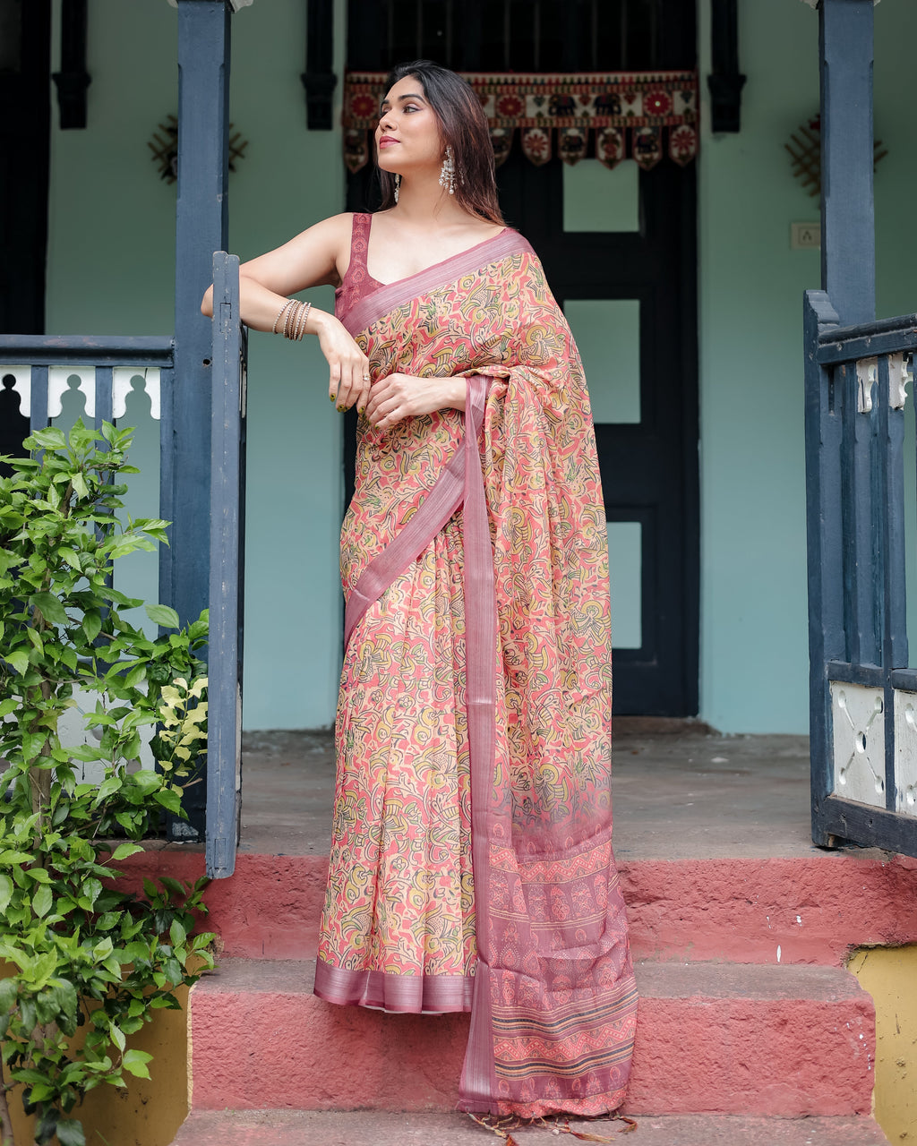 Beige and Rust Pure Cotton Linen Saree with Tribal Block Print, Blouse, and Tassel Detailing LINEN