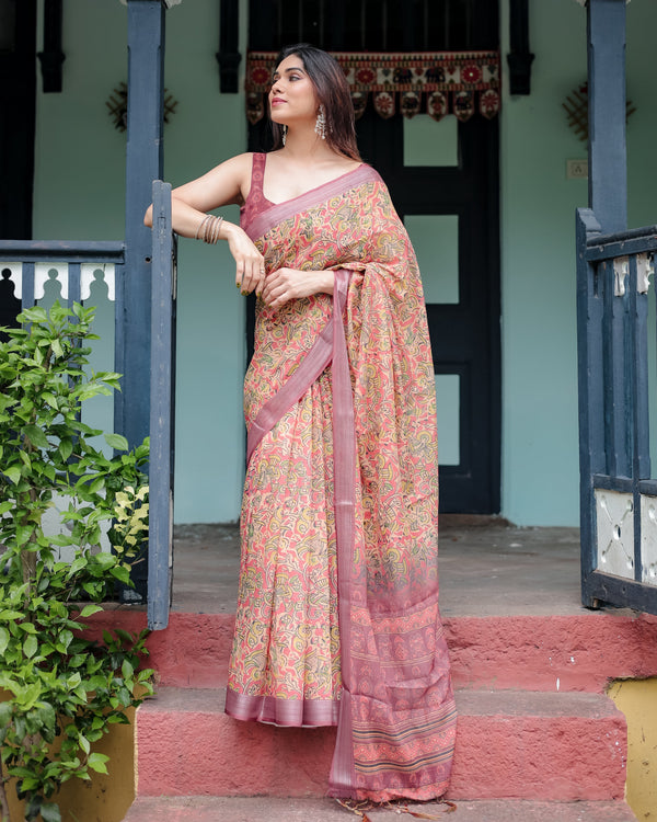 Beige and Rust Pure Cotton Linen Saree with Tribal Block Print, Blouse, and Tassel Detailing LINEN