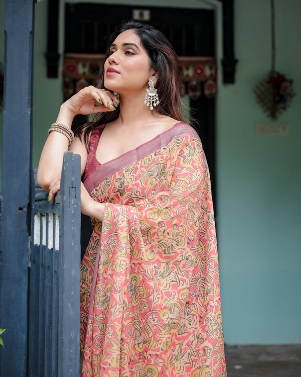Beige and Rust Pure Cotton Linen Saree with Tribal Block Print, Blouse, and Tassel Detailing LINEN