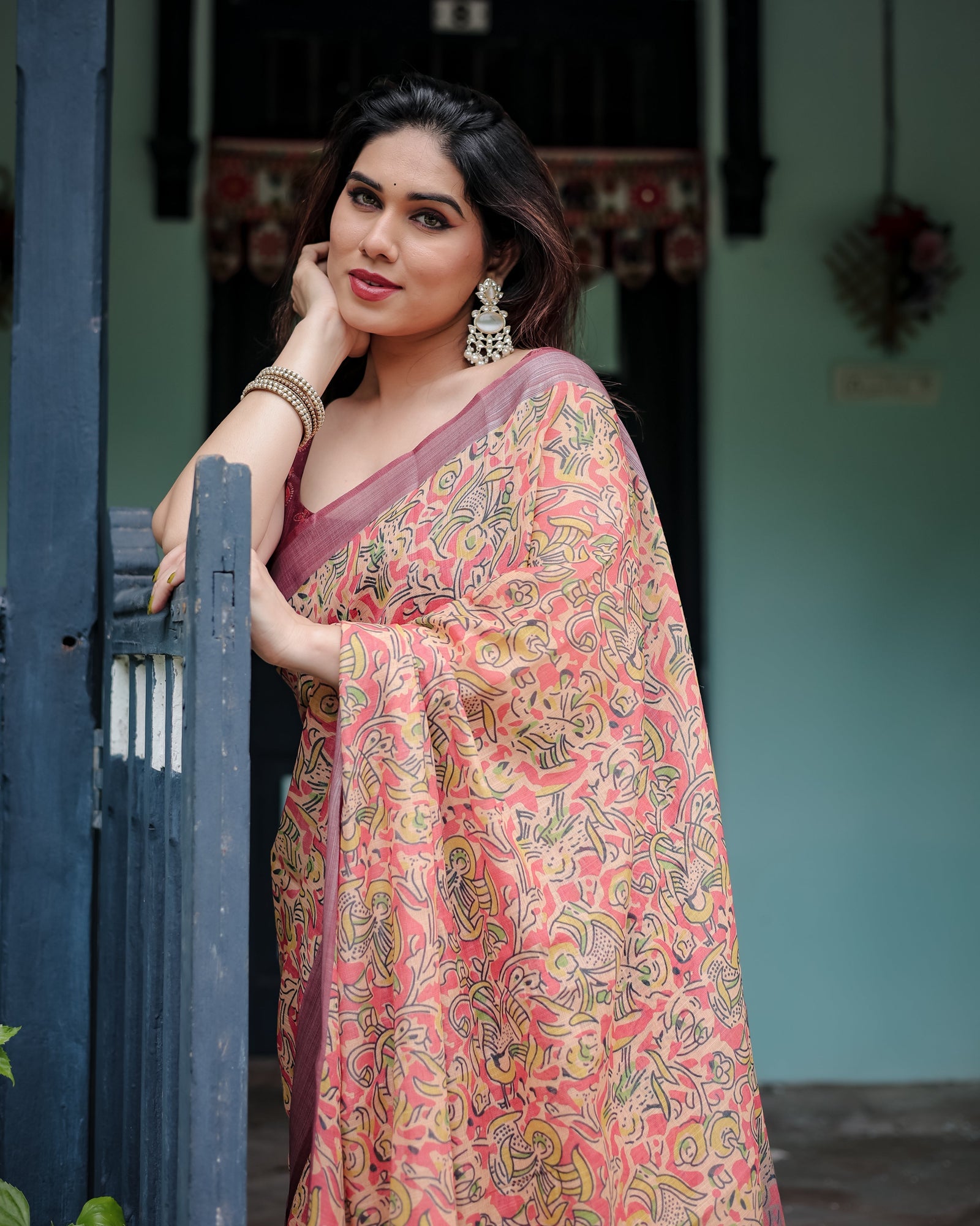 Beige and Rust Pure Cotton Linen Saree with Tribal Block Print, Blouse, and Tassel Detailing LINEN