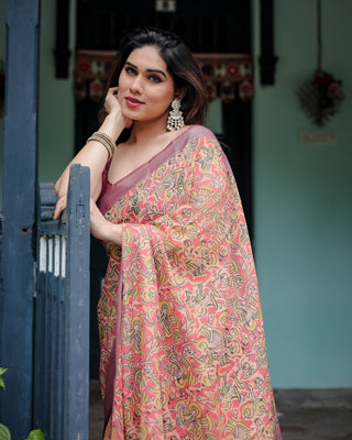Beige and Rust Pure Cotton Linen Saree with Tribal Block Print, Blouse, and Tassel Detailing LINEN