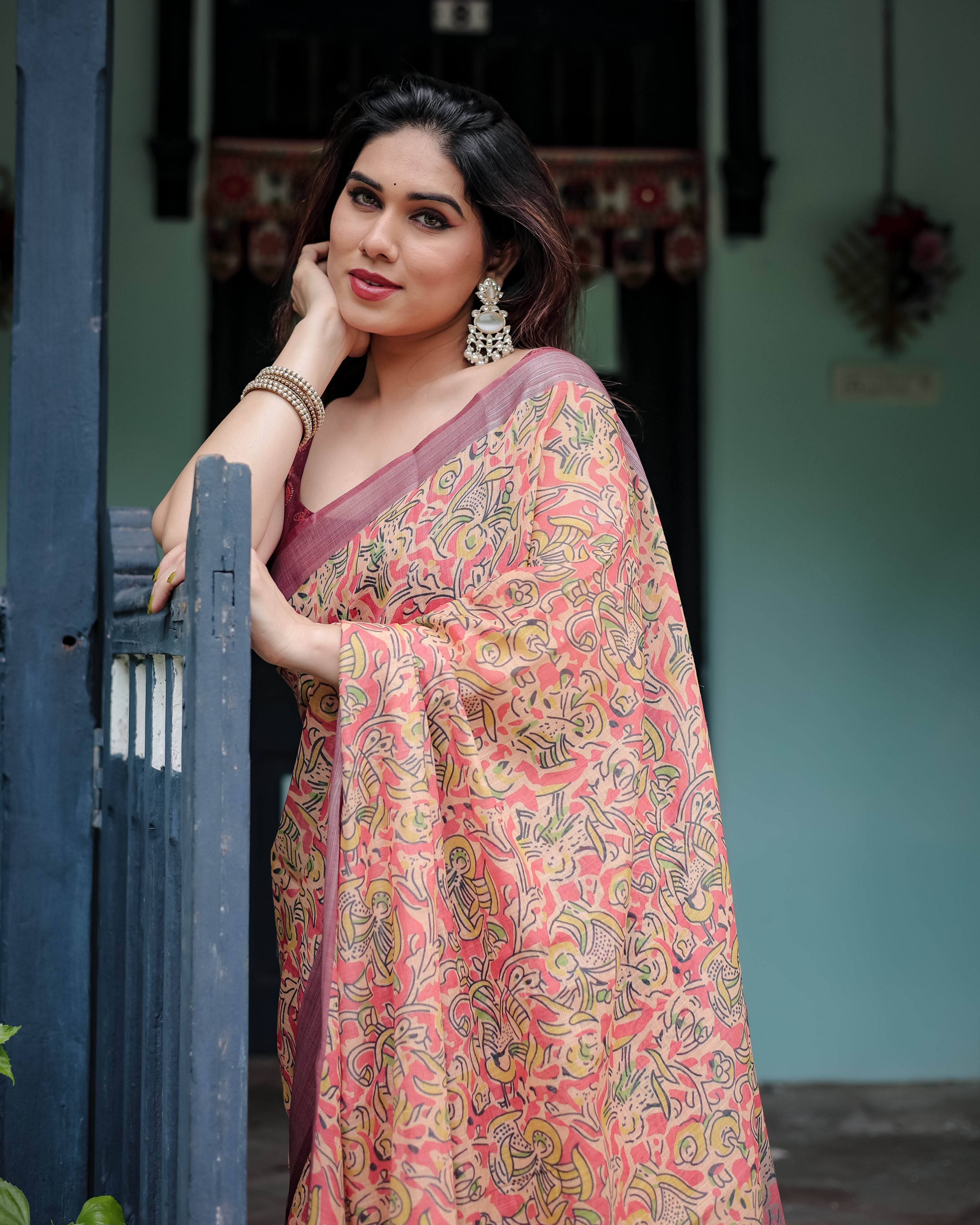 Beige and Rust Pure Cotton Linen Saree with Tribal Block Print, Blouse, and Tassel Detailing LINEN