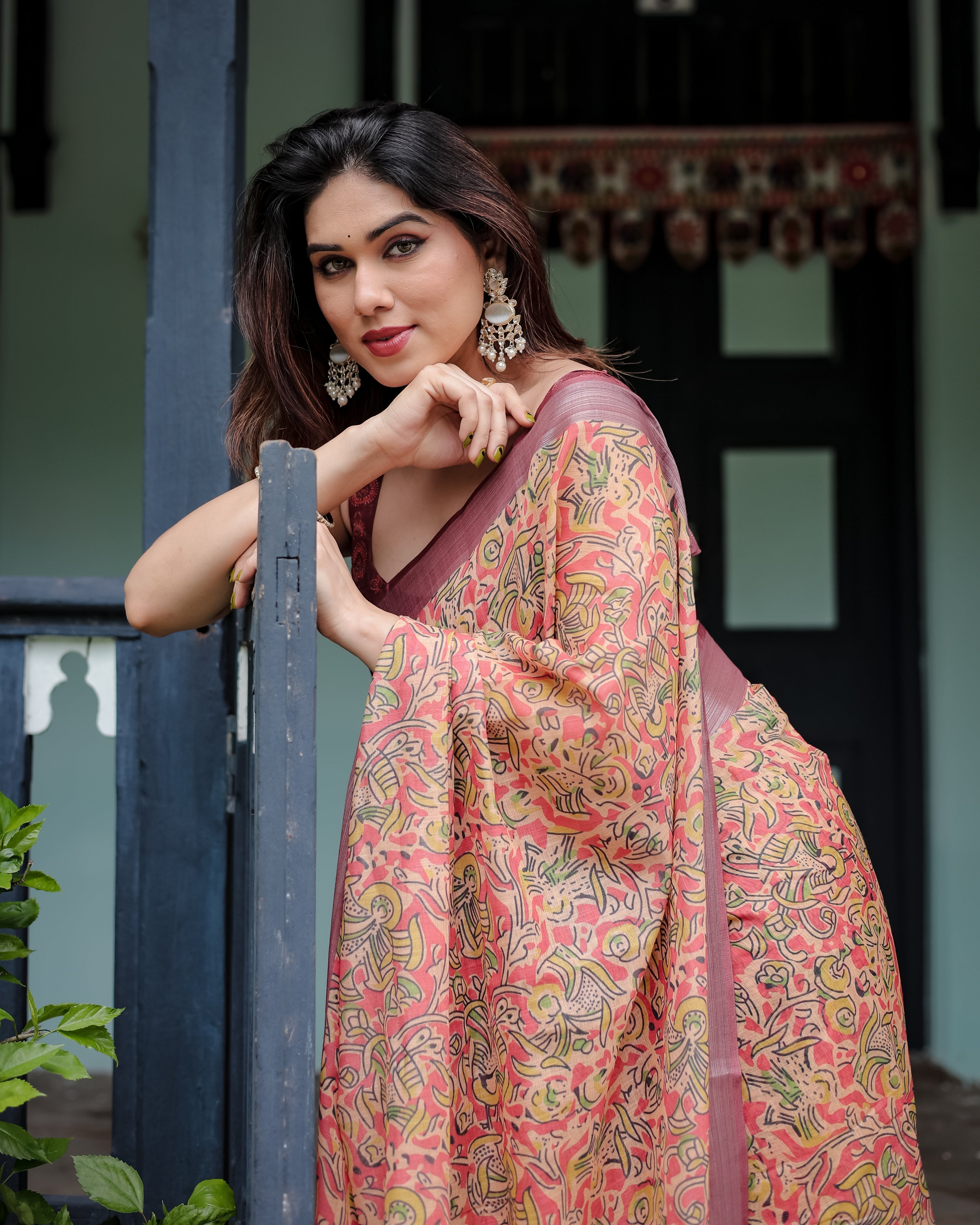 Beige and Rust Pure Cotton Linen Saree with Tribal Block Print, Blouse, and Tassel Detailing LINEN