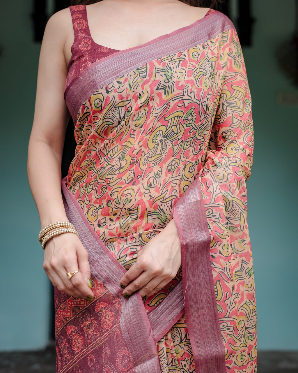 Beige and Rust Pure Cotton Linen Saree with Tribal Block Print, Blouse, and Tassel Detailing LINEN