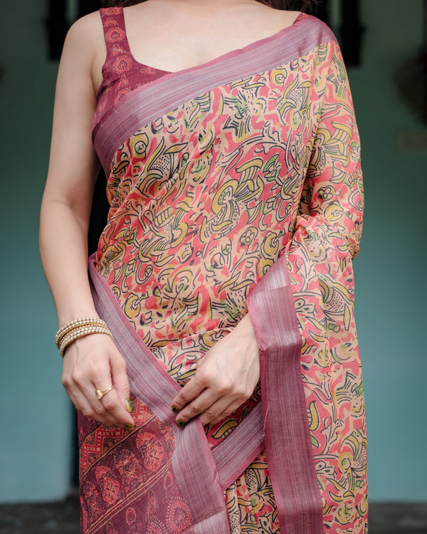 Beige and Rust Pure Cotton Linen Saree with Tribal Block Print, Blouse, and Tassel Detailing LINEN