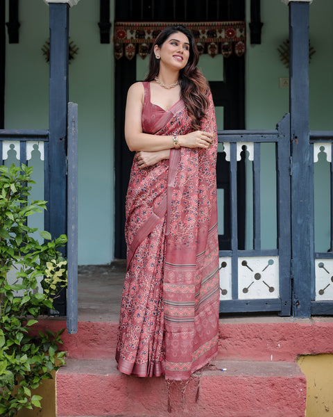 Rust Red Pure Cotton Linen Saree with Floral Block Print, Blouse, and Tassel Detailing LINEN Main image