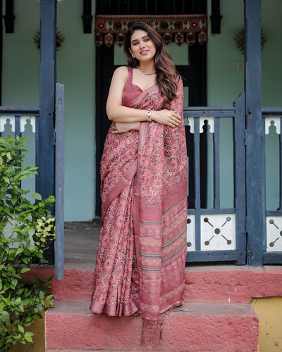 Rust Red Pure Cotton Linen Saree with Floral Block Print, Blouse, and Tassel Detailing LINEN