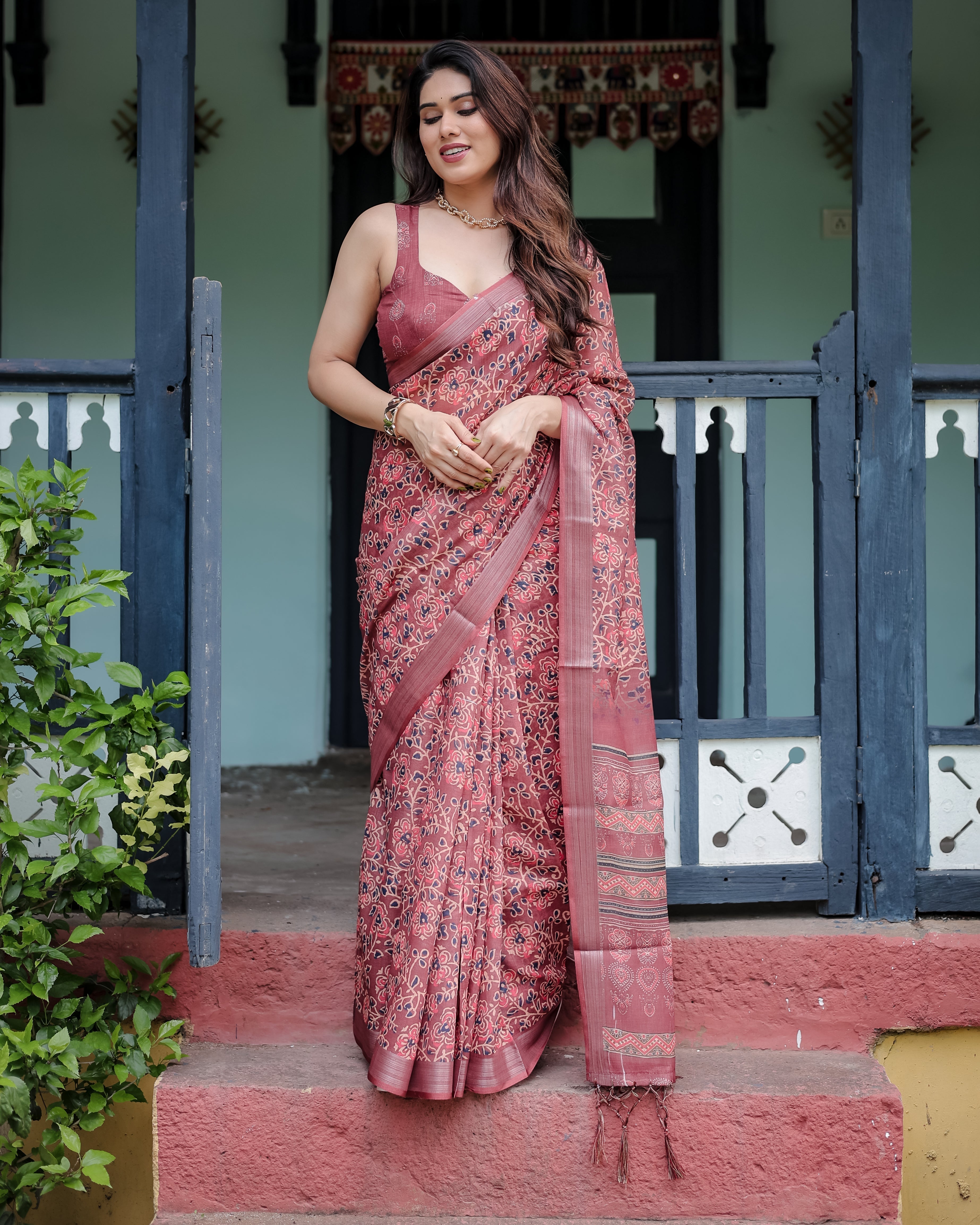 Rust Red Pure Cotton Linen Saree with Floral Block Print, Blouse, and Tassel Detailing LINEN
