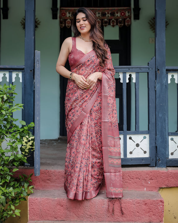 Rust Red Pure Cotton Linen Saree with Floral Block Print, Blouse, and Tassel Detailing LINEN