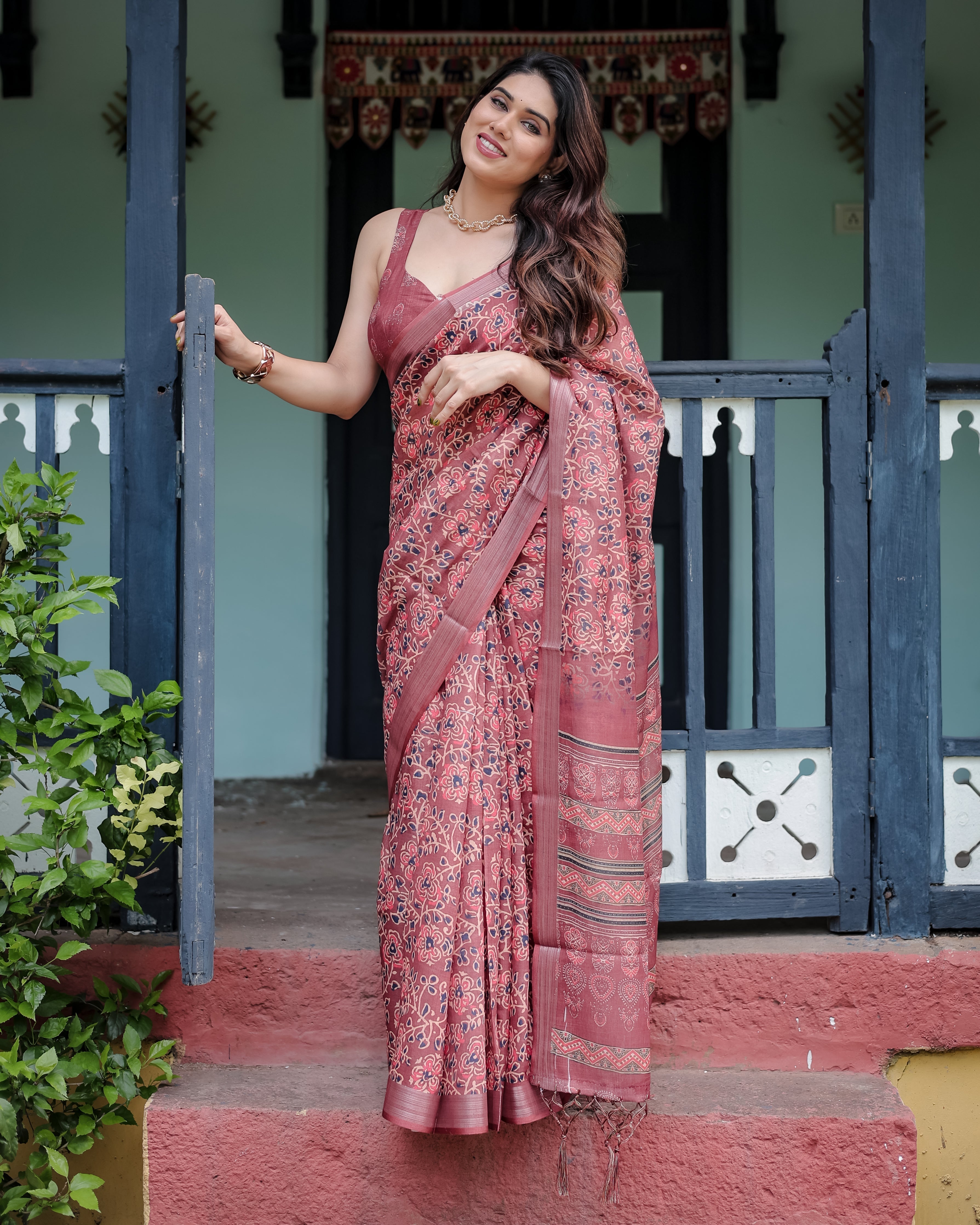 Rust Red Pure Cotton Linen Saree with Floral Block Print, Blouse, and Tassel Detailing LINEN