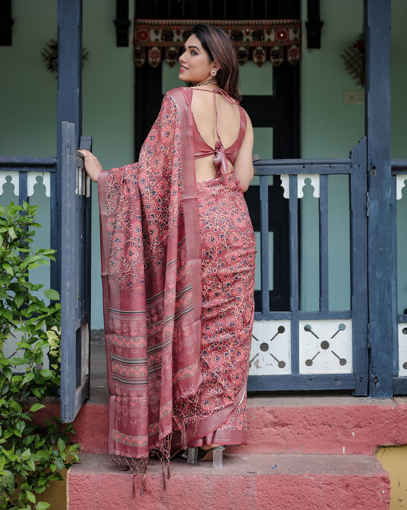 Rust Red Pure Cotton Linen Saree with Floral Block Print, Blouse, and Tassel Detailing LINEN