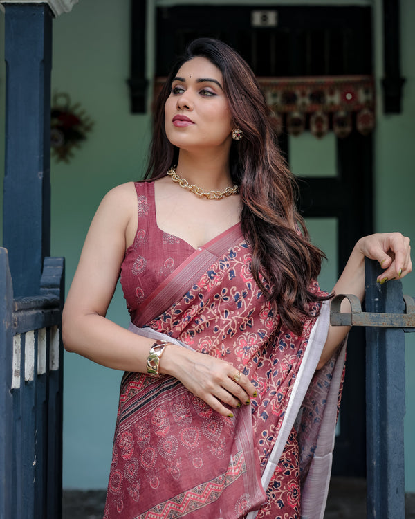 Rust Red Pure Cotton Linen Saree with Floral Block Print, Blouse, and Tassel Detailing LINEN