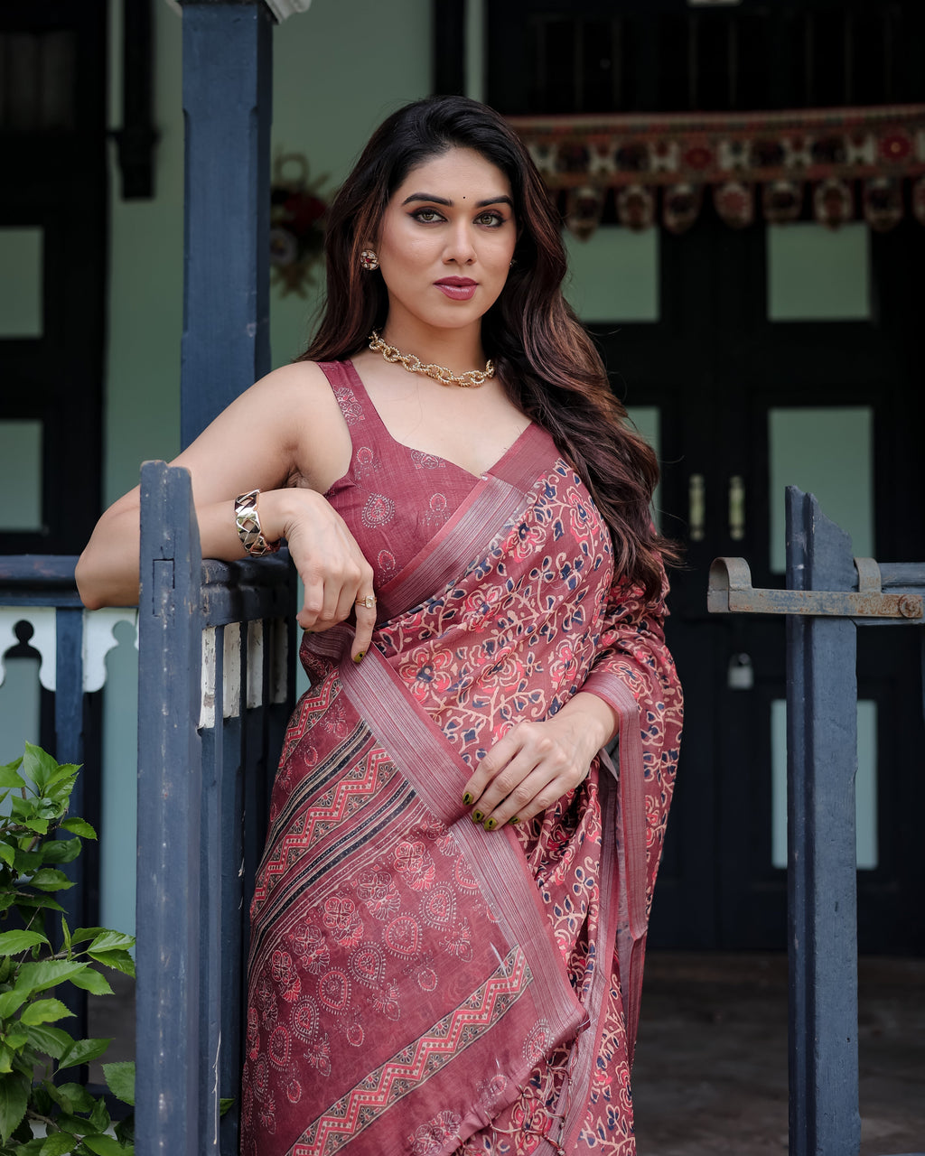 Rust Red Pure Cotton Linen Saree with Floral Block Print, Blouse, and Tassel Detailing LINEN