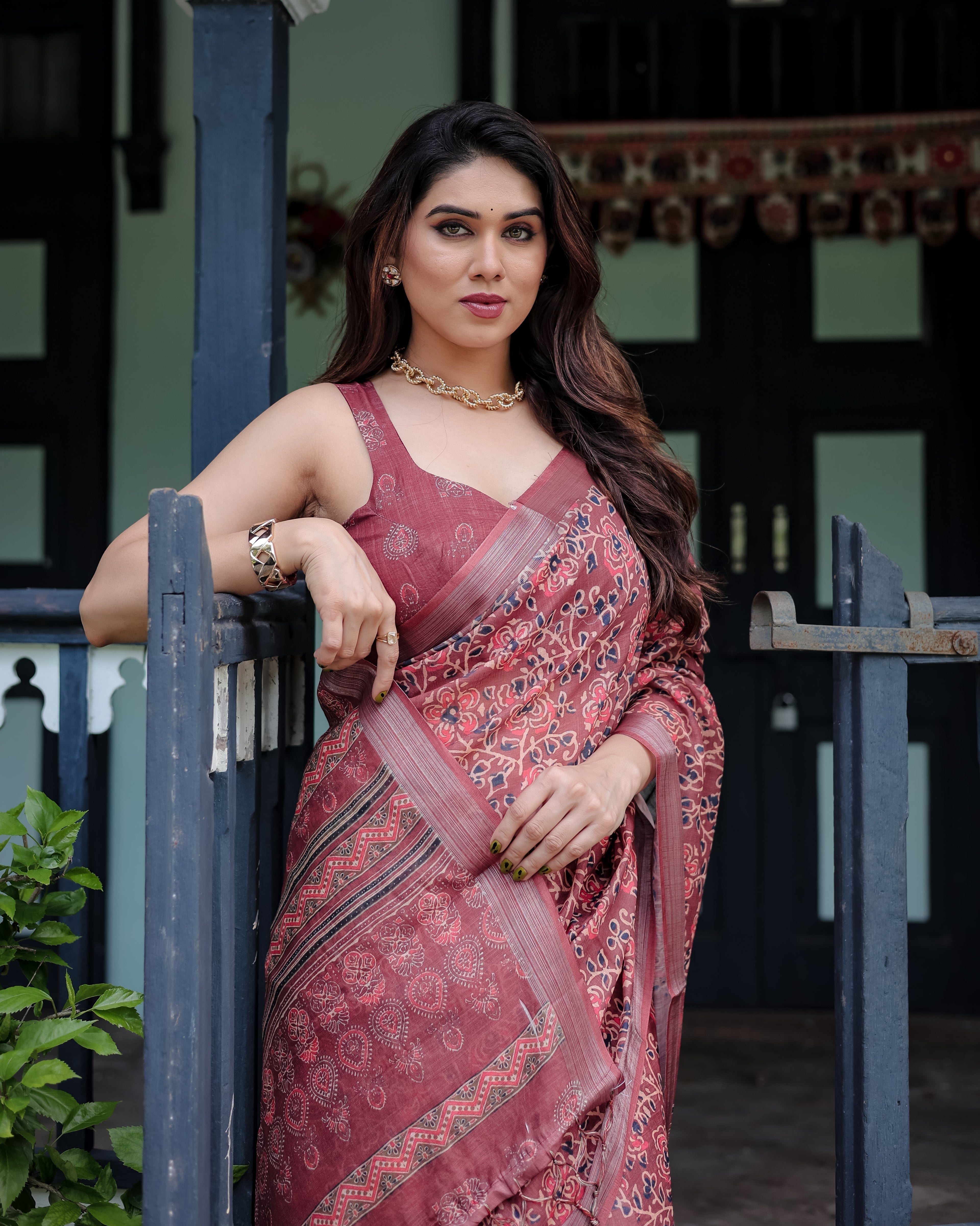 Rust Red Pure Cotton Linen Saree with Floral Block Print, Blouse, and Tassel Detailing LINEN