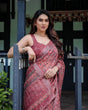 Load image into Gallery viewer, Rust Red Pure Cotton Linen Saree with Floral Block Print, Blouse, and Tassel Detailing LINEN