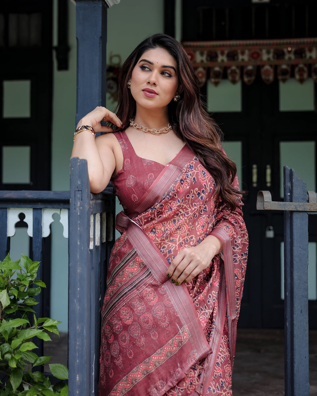 Rust Red Pure Cotton Linen Saree with Floral Block Print, Blouse, and Tassel Detailing LINEN