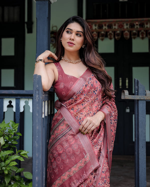 Rust Red Pure Cotton Linen Saree with Floral Block Print, Blouse, and Tassel Detailing LINEN