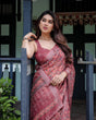 Load image into Gallery viewer, Rust Red Pure Cotton Linen Saree with Floral Block Print, Blouse, and Tassel Detailing LINEN