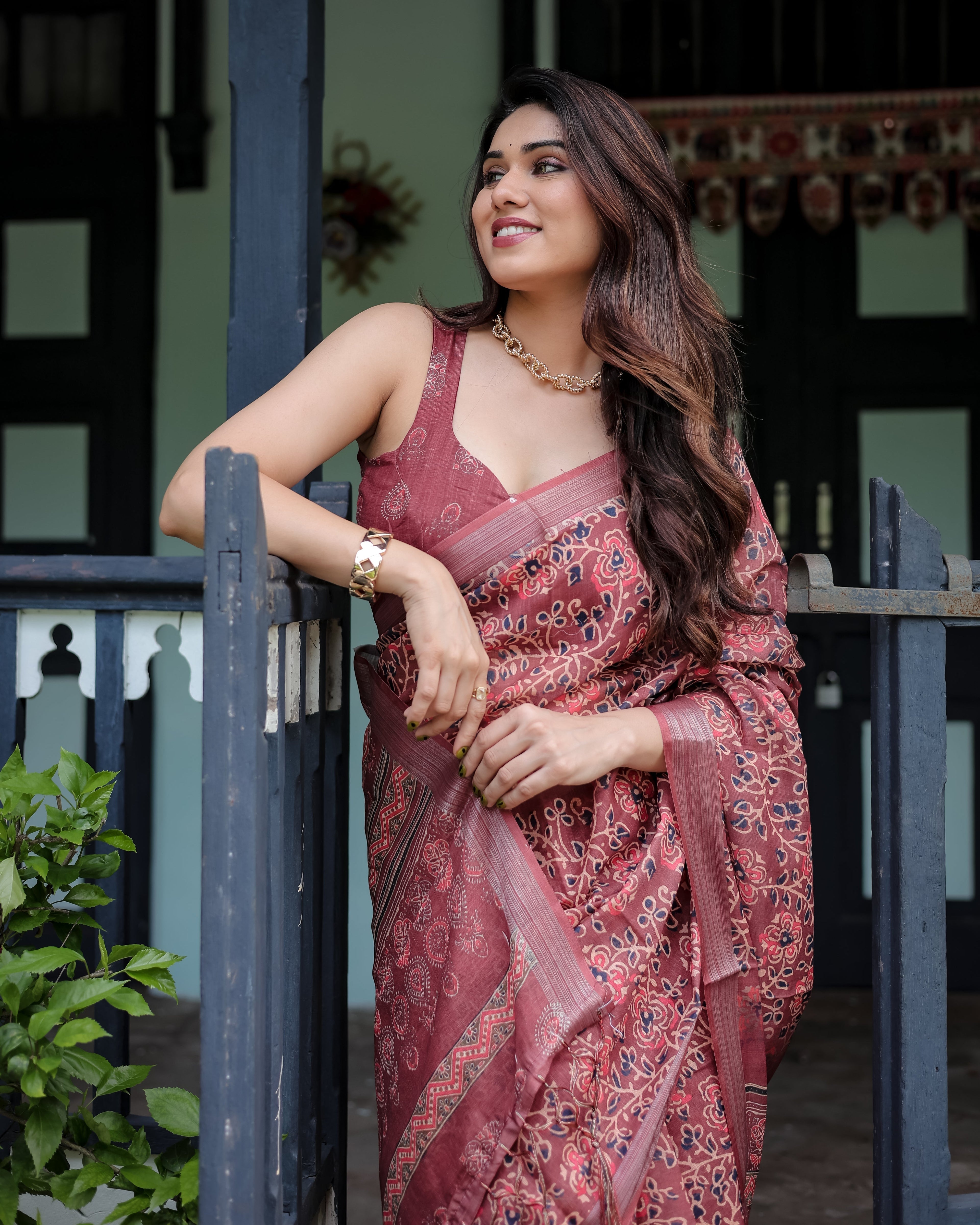 Rust Red Pure Cotton Linen Saree with Floral Block Print, Blouse, and Tassel Detailing LINEN