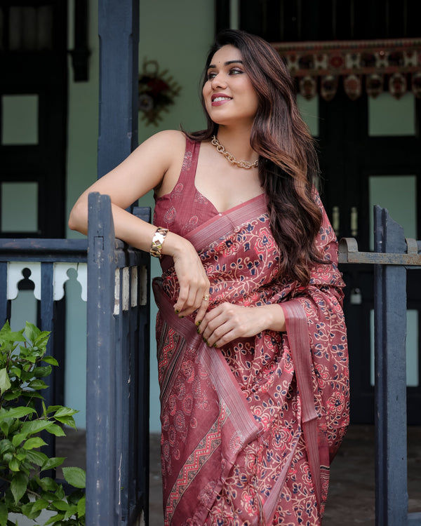 Rust Red Pure Cotton Linen Saree with Floral Block Print, Blouse, and Tassel Detailing LINEN