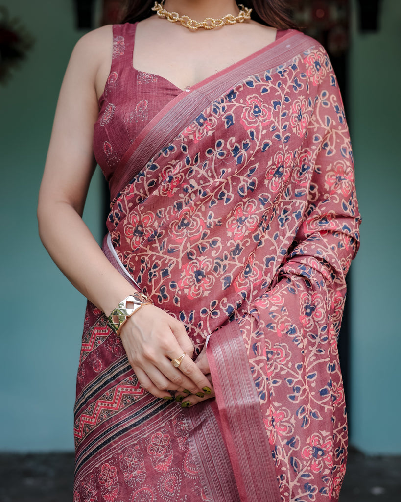 Rust Red Pure Cotton Linen Saree with Floral Block Print, Blouse, and Tassel Detailing LINEN