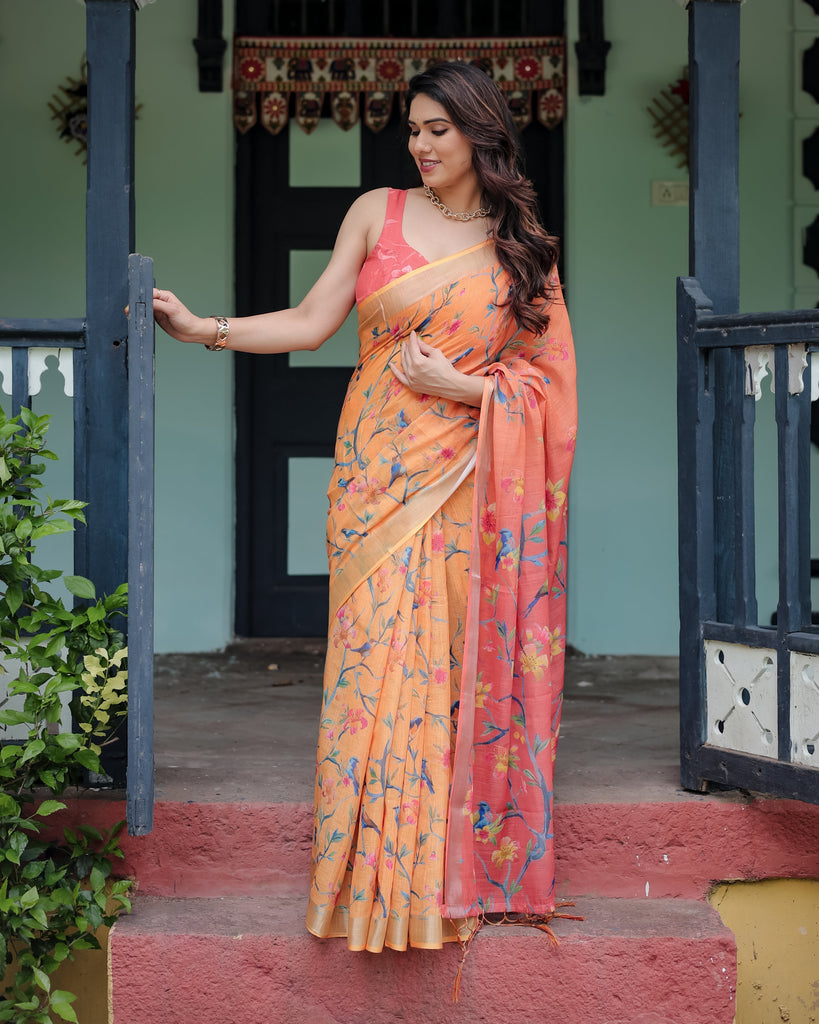 Peach and Orange Pure Cotton Linen Saree with Floral and Bird Print, Blouse, and Tassel Detailing LINEN