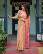 Load image into Gallery viewer, Peach and Orange Pure Cotton Linen Saree with Floral and Bird Print, Blouse, and Tassel Detailing LINEN
