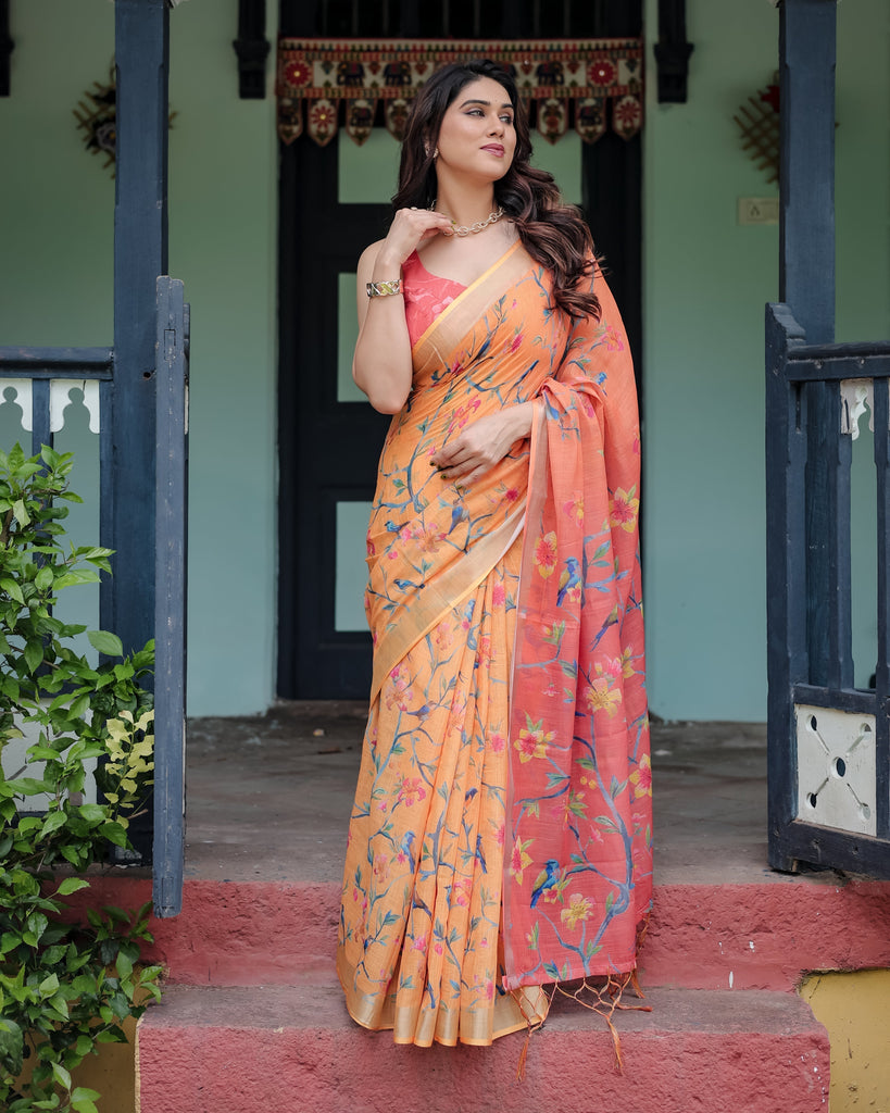 Peach and Orange Pure Cotton Linen Saree with Floral and Bird Print, Blouse, and Tassel Detailing LINEN