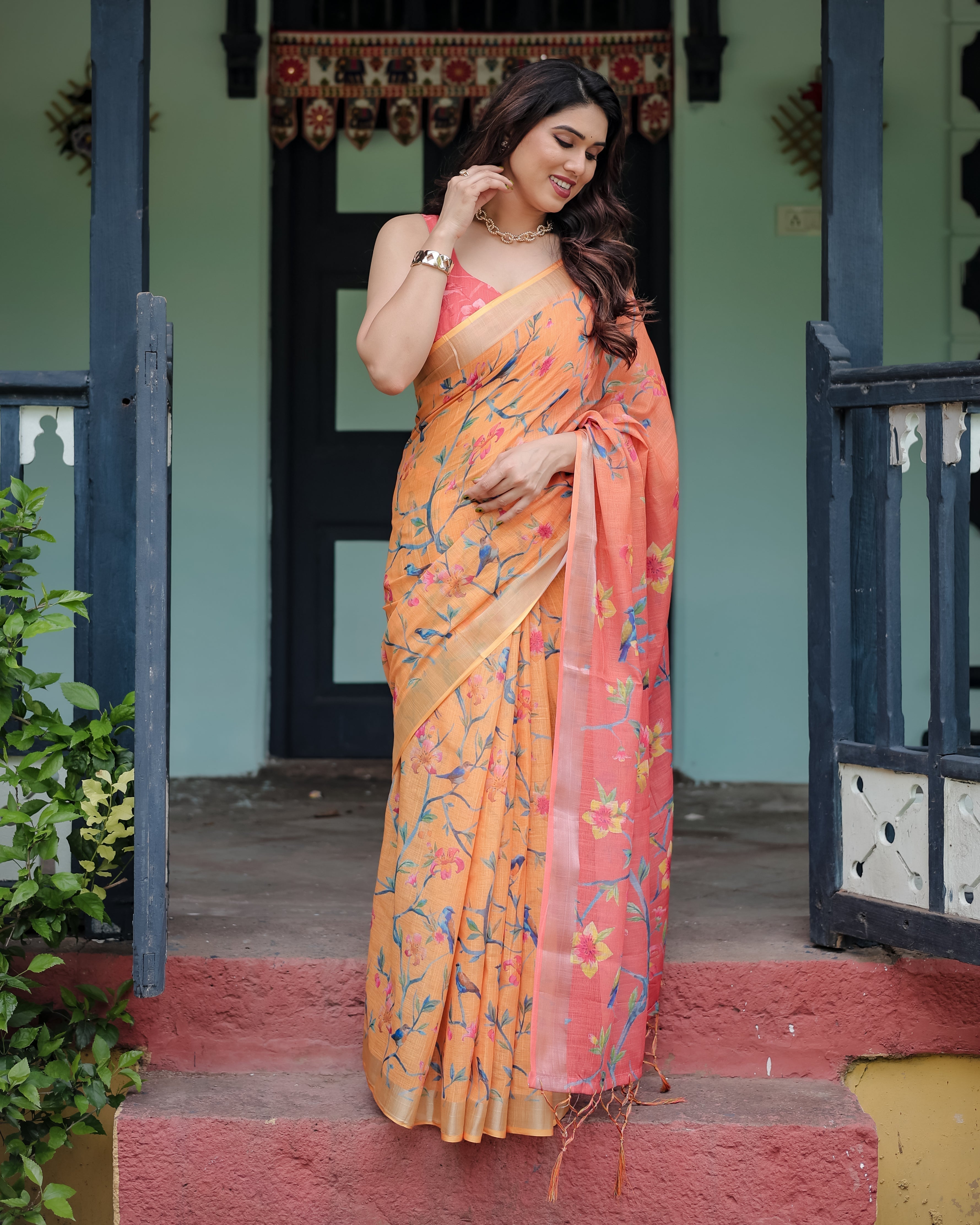 Peach and Orange Pure Cotton Linen Saree with Floral and Bird Print, Blouse, and Tassel Detailing LINEN Main image