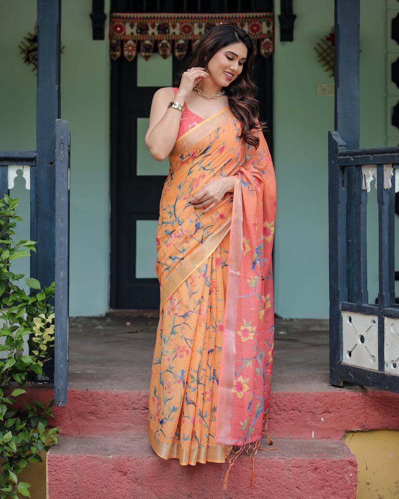 Peach and Orange Pure Cotton Linen Saree with Floral and Bird Print, Blouse, and Tassel Detailing LINEN