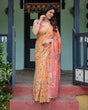 Load image into Gallery viewer, Peach and Orange Pure Cotton Linen Saree with Floral and Bird Print, Blouse, and Tassel Detailing LINEN