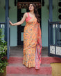 Load image into Gallery viewer, Peach and Orange Pure Cotton Linen Saree with Floral and Bird Print, Blouse, and Tassel Detailing LINEN