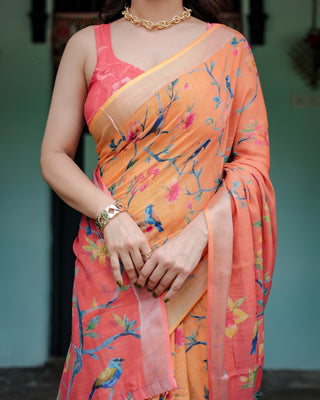 Peach and Orange Pure Cotton Linen Saree with Floral and Bird Print, Blouse, and Tassel Detailing LINEN