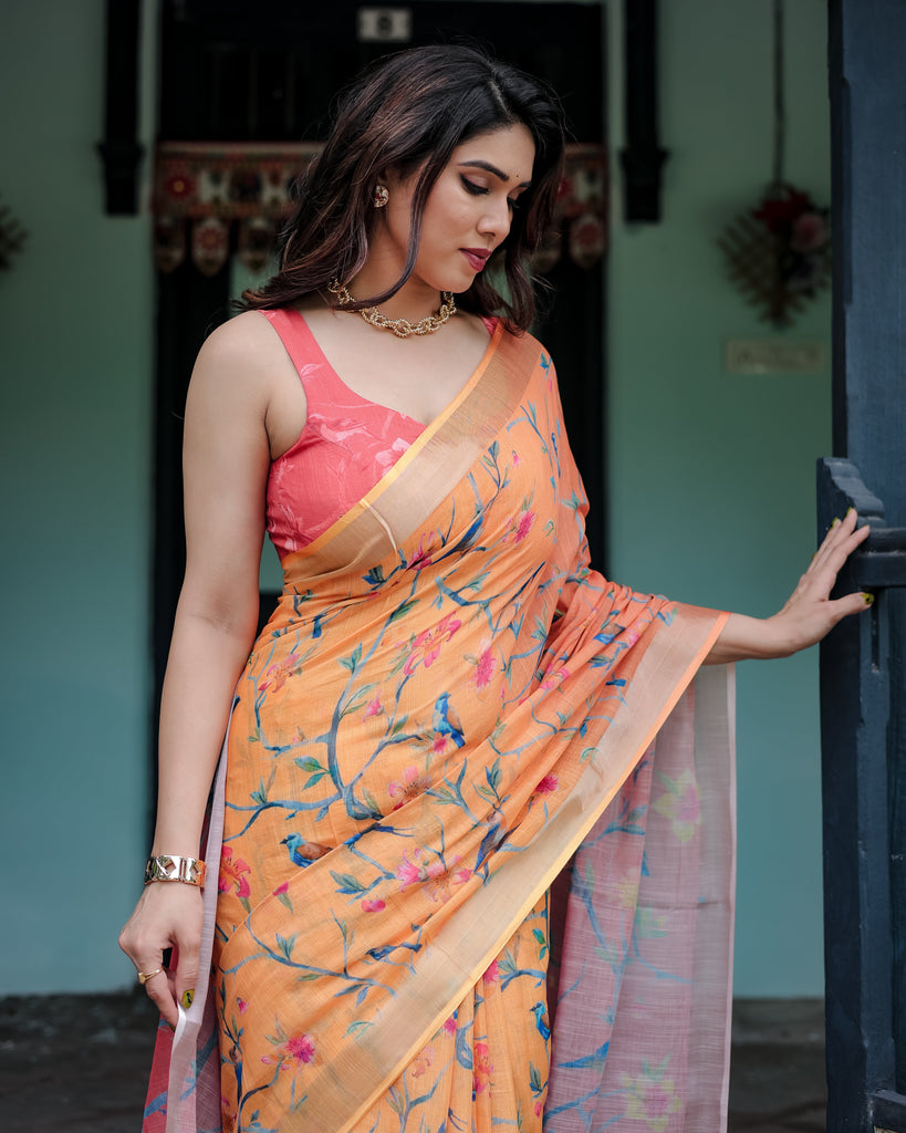 Peach and Orange Pure Cotton Linen Saree with Floral and Bird Print, Blouse, and Tassel Detailing LINEN