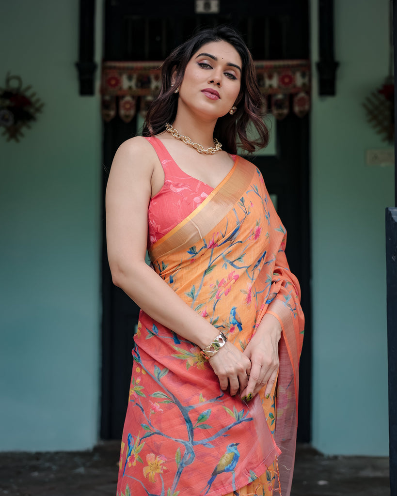 Peach and Orange Pure Cotton Linen Saree with Floral and Bird Print, Blouse, and Tassel Detailing LINEN