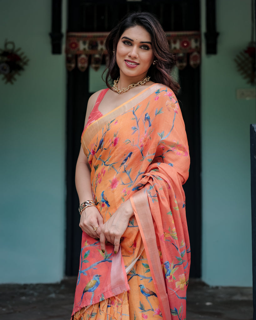 Peach and Orange Pure Cotton Linen Saree with Floral and Bird Print, Blouse, and Tassel Detailing LINEN