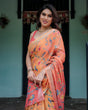 Load image into Gallery viewer, Peach and Orange Pure Cotton Linen Saree with Floral and Bird Print, Blouse, and Tassel Detailing LINEN